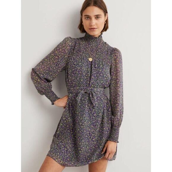 BODEN Smocked Yoke Floral Metallic Tie Waist Long Sleeve Mock Neck Dress 8 - Picture 15 of 16